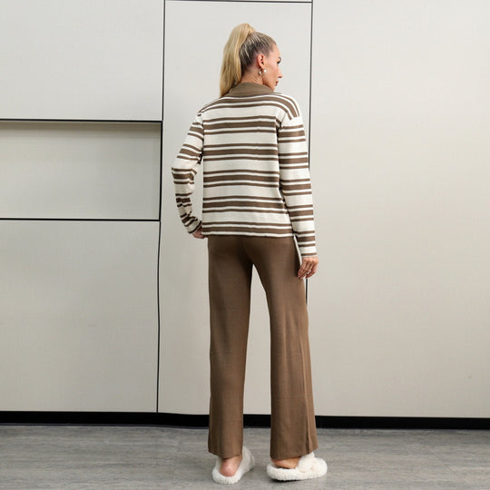 Damen elegantes Strick-Loungewear-Set mit einem modischen Kragen und weit geschnittenen Hosen EB