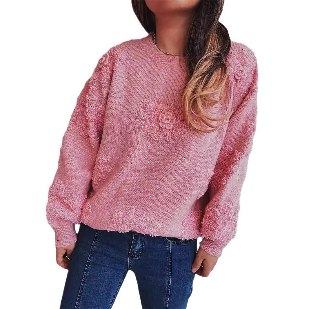 Damen Strickpullover mit romantischen Blumenapplikationen und weichem Material EB