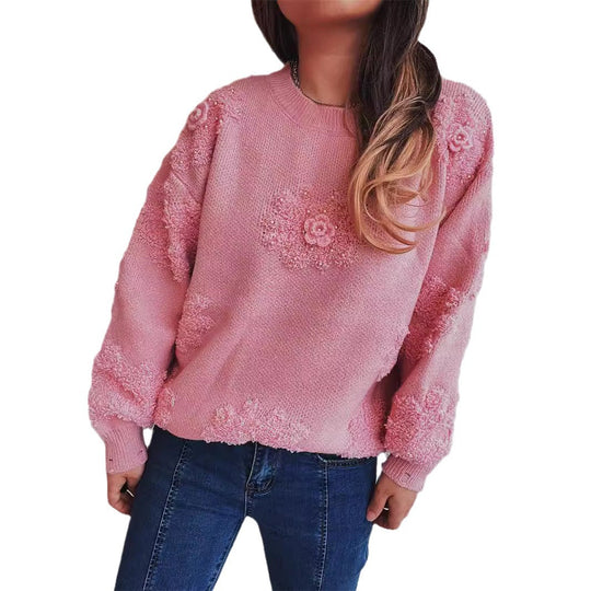 Damen Strickpullover mit romantischen Blumenapplikationen und weichem Material EB