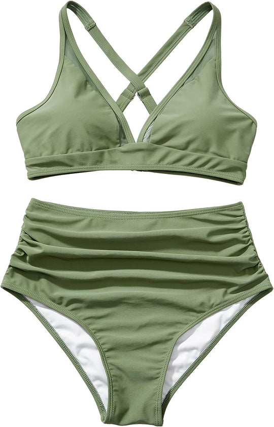 Damen Sportliches Bikini-Set mit verschränkten Trägern und hohem Schnitt EB