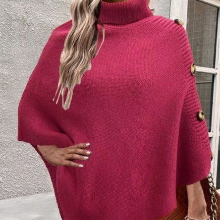 Damen Strick-Poncho mit hohem Kragen und Knopfdetails EB