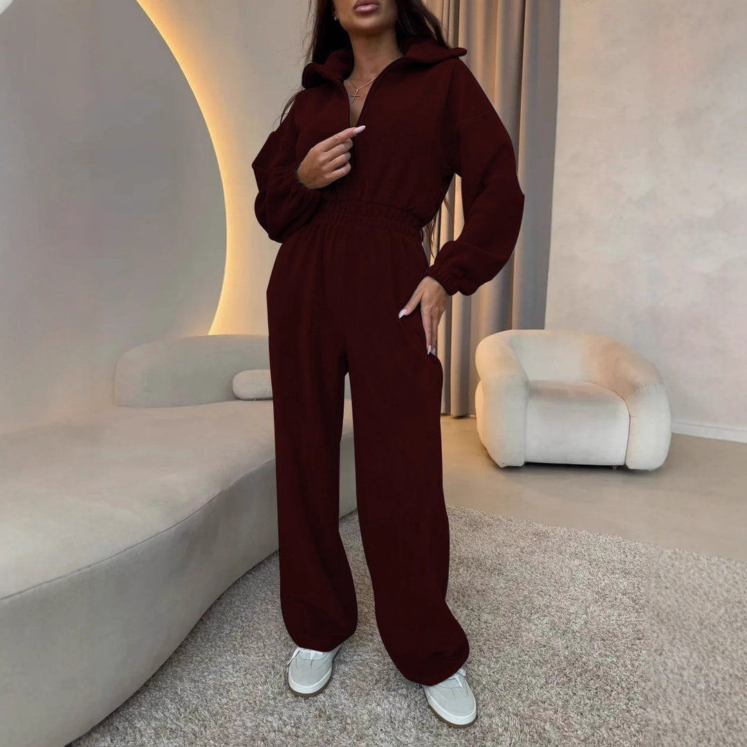 Damen eleganter Lounge-Overall mit elastischer Taillenpartie, Stehkragen, Reißverschluss und weitem Bein Eichborn Berlin