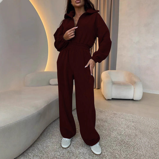 Damen eleganter Lounge-Overall mit elastischer Taillenpartie, Stehkragen, Reißverschluss und weitem Bein Eichborn Berlin