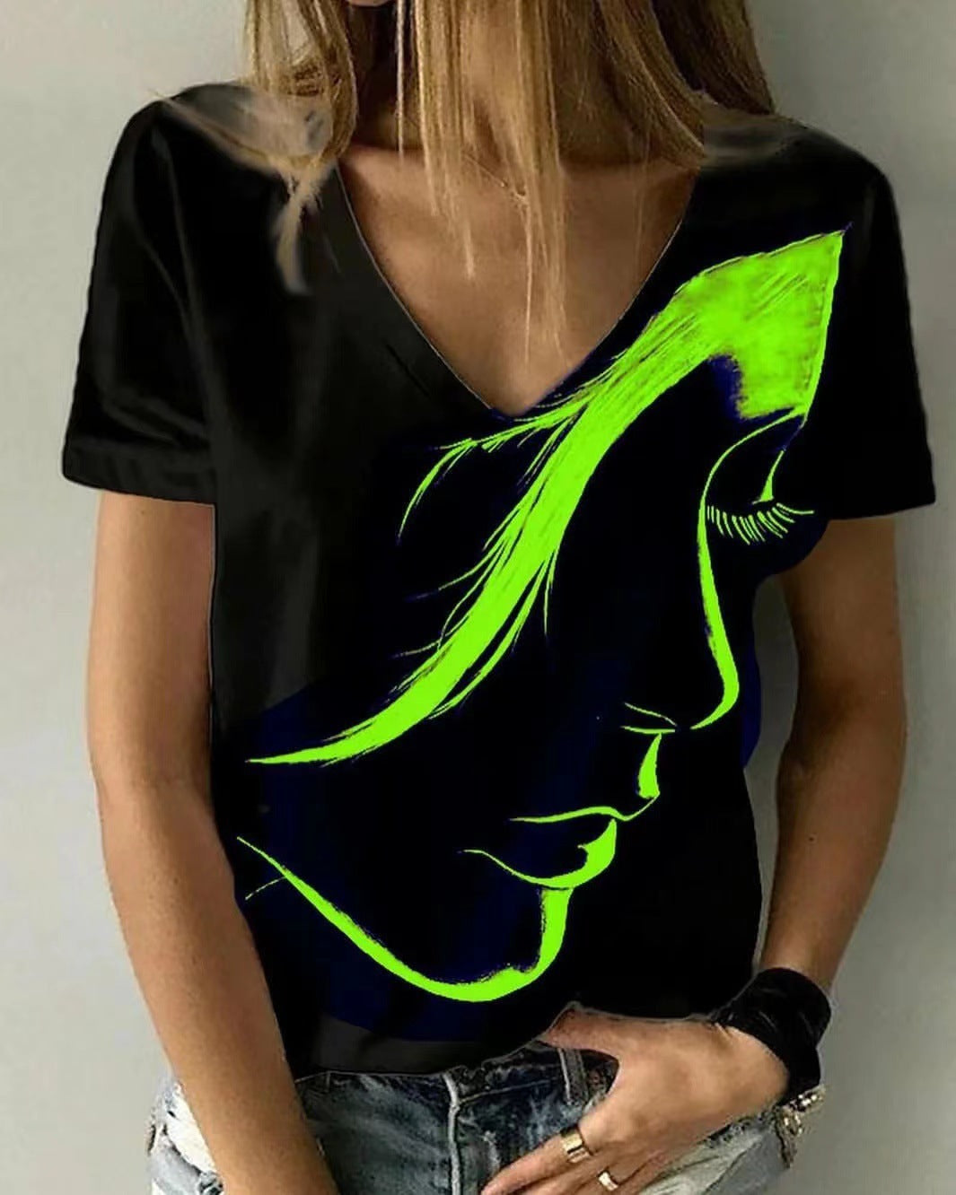Damen V-Ausschnitt T-Shirt mit kreativem Grafikdruck EB