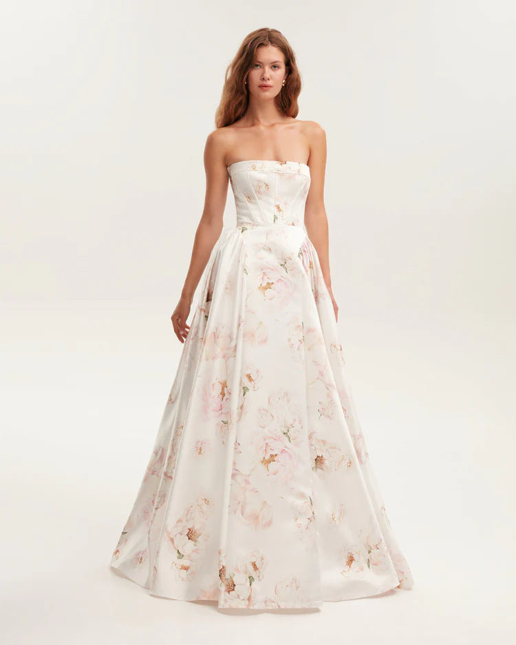 Damen Elegantes Blütenmuster-Maxikleid mit schulterfreiem Design EB