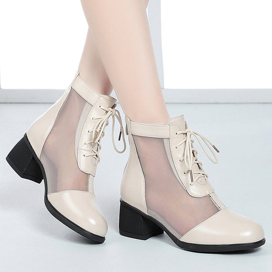 Damen Elegante Schnürstiefeletten mit atmungsaktiver Netzstruktur und komfortablem Blockabsatz EB