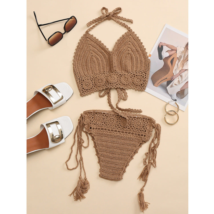 Damen Häkel-Bikini-Set mit verstellbaren Trägern und fransigen Details EB