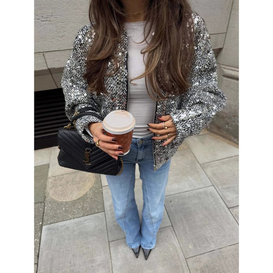 Damen Funkelnde Paillettenjacke mit lässigem Schnitt EB
