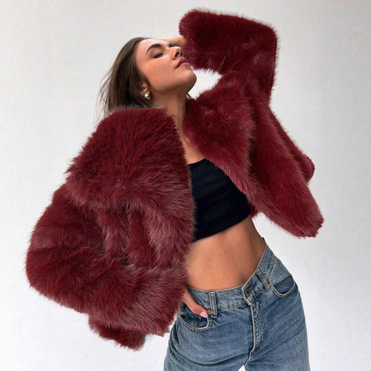 Damen Modischer Kunstpelz-Cropped-Jacke mit voluminösen Ärmeln EB