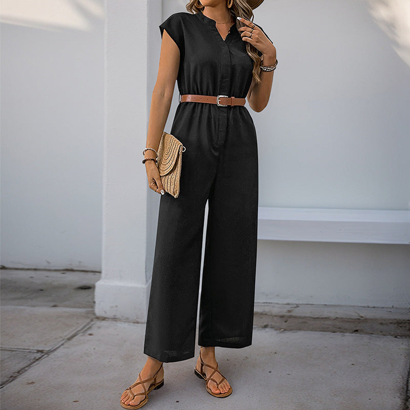 Damen eleganter Jumpsuit mit weitem Bein und taillierbarem Gürtel EB