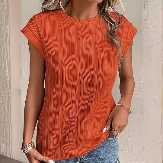 Damen Plissee-T-Shirt mit kurzem Ärmel und hohem Rundhalsausschnitt EB