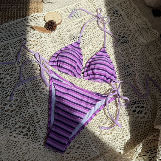 Damen Triangel-Bikini mit verstellbaren Bändern und buntem Streifenmuster EB