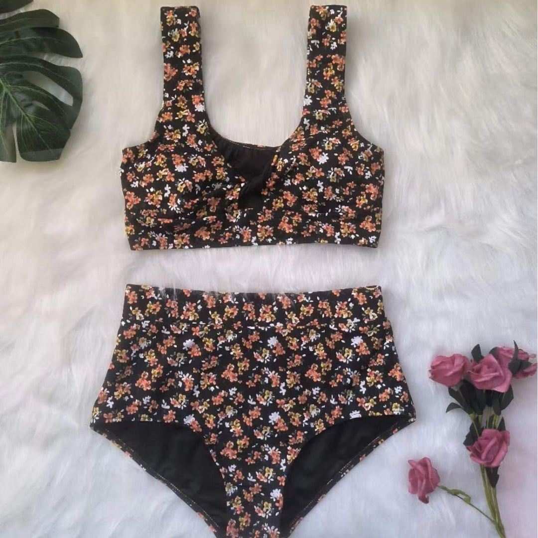 Damen Hochgeschnittenes Bikini-Set mit Blumenmuster EB