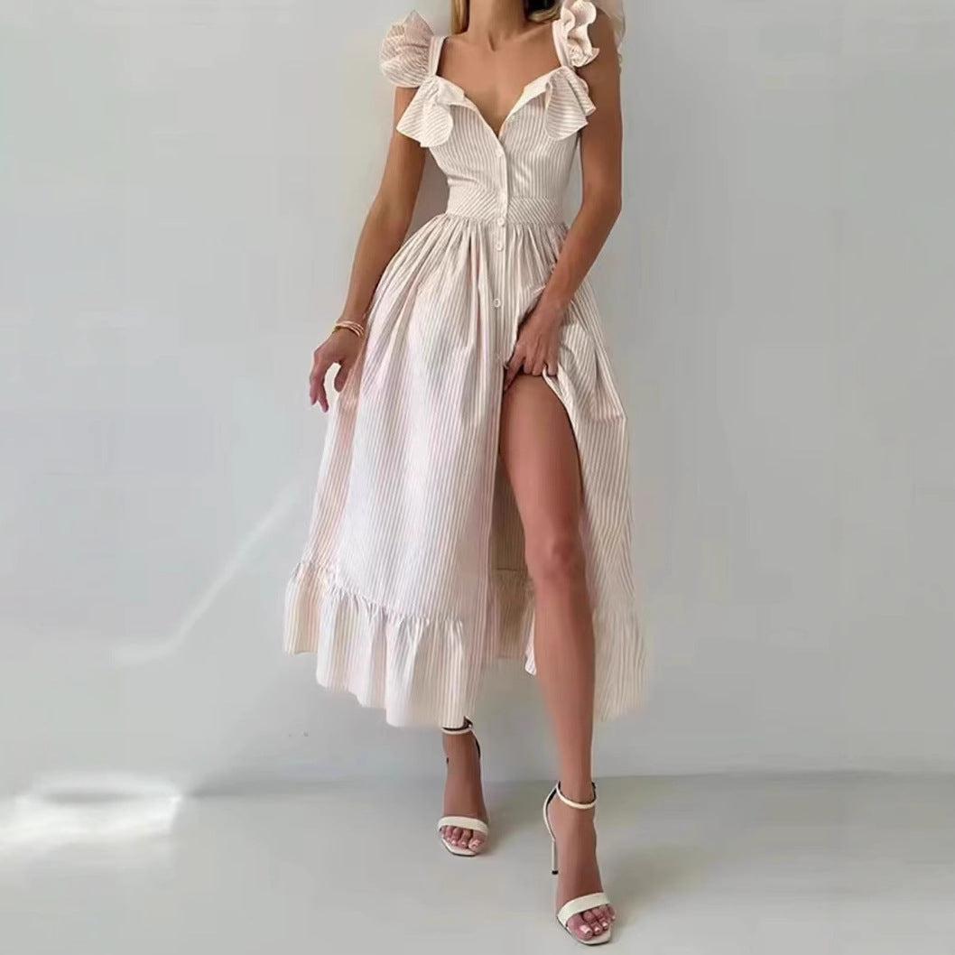 Damen Maxikleid mit voluminösem Rüschen-Design und Knopfverschluss EB