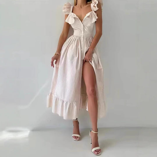 Damen Maxikleid mit voluminösem Rüschen-Design und Knopfverschluss EB