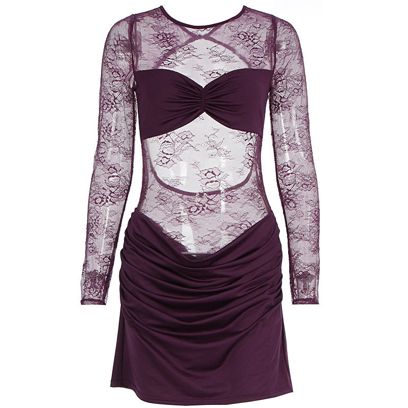 Damen Spitzenkleid mit figurbetontem Schnitt und Rüschendetails EB