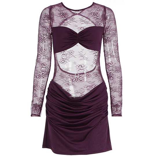 Damen Spitzenkleid mit figurbetontem Schnitt und Rüschendetails EB
