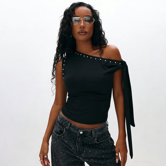 Damen Elegantes One-Shoulder Top mit dekorativen Steinen EB