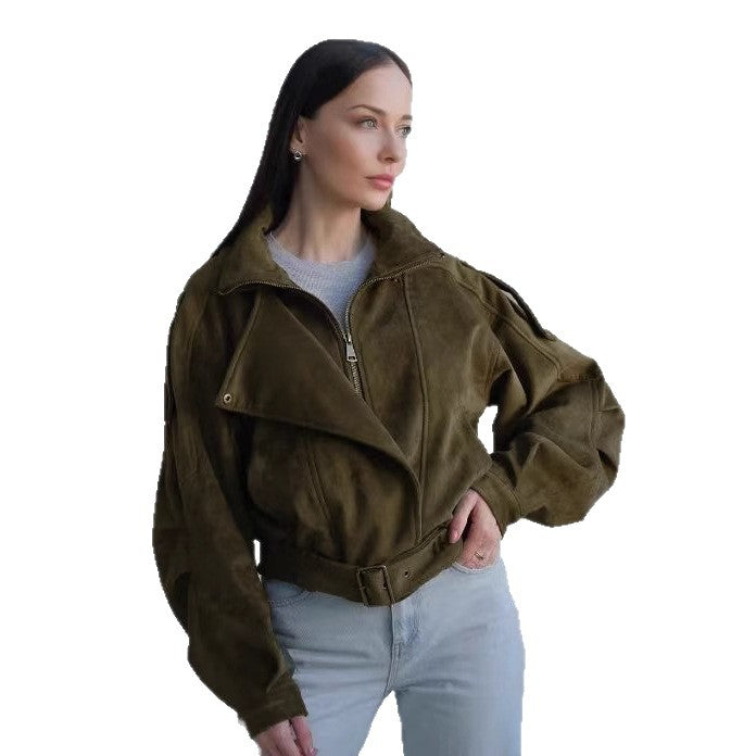 Damen Stilvolle Kurzjacke mit Gürtel und asymmetrischem Schnitt EB