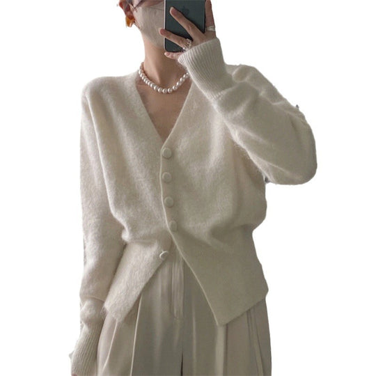Damen Flauschiger Cardigan mit V-Ausschnitt und dekorativen Knöpfen EB