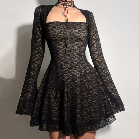 Damen Spitzenkleid mit kurzem Stehkragen und langen Ärmeln EB
