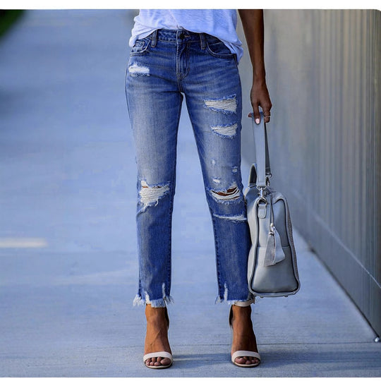 Damen Ripped Jeans im modernen Vintage-Look mit fransigen Säumen EB