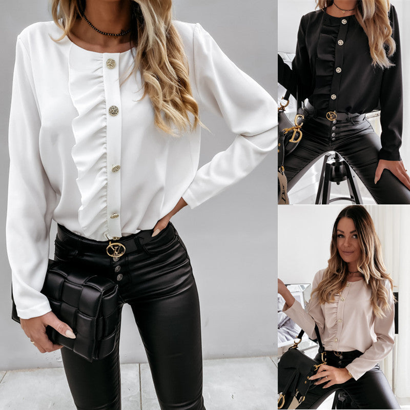 Damen Bluse mit Rüschendetails und eleganten Knöpfen EB
