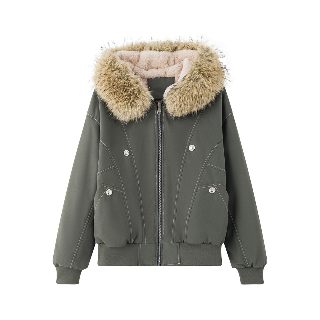 Damen gefütterte Winterjacke mit abnehmbarem Kunstfellkragen und großen Taschen EB
