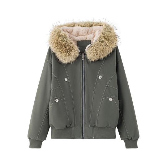 Damen gefütterte Winterjacke mit abnehmbarem Kunstfellkragen und großen Taschen EB