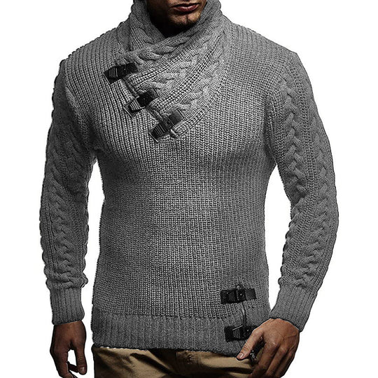Herren Grobstrickpullover mit modernem Stehkragen und innovativen Knopfdetails EB