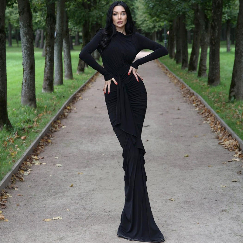 Damen Elegantes langärmliges Wickelkleid mit Rüschendetails und seitlichem Schlitz EB