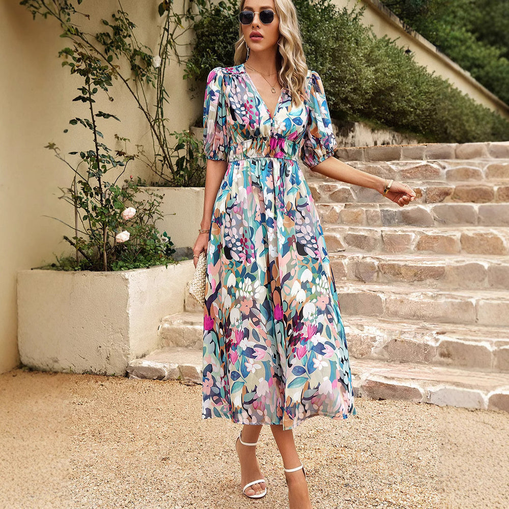 Damen Maxikleid mit Blumenmuster und eleganten Puffärmeln EB
