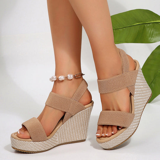 Damen nan Keilabsatz-Sandalen mit elastischen Textilriemen und geflochtenem Bast-Plateau EB