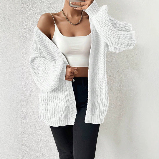 Damen nan Oversize-Strickcardigan mit grobem Waffelstrick, offener Front und voluminösen Ballonärmeln EB