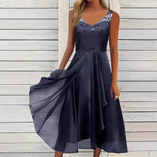 Damen nan A-Linien-Chiffonkleid mit floralem Stickoberteil, V-Ausschnitt, drapiertem Godet-Schwung und verdeckten Seitentaschen EB