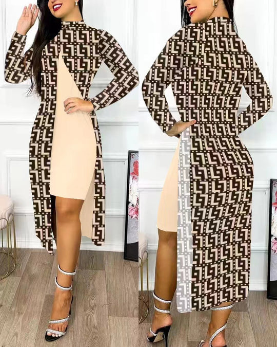 Damen elegantes Maxikleid mit asymmetrischem Schnitt und Grafischem Muster EB