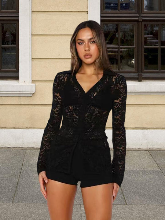 Damen Elegantes Spitzenoberteil mit langen Ärmeln und tailliertem Schnitt EB