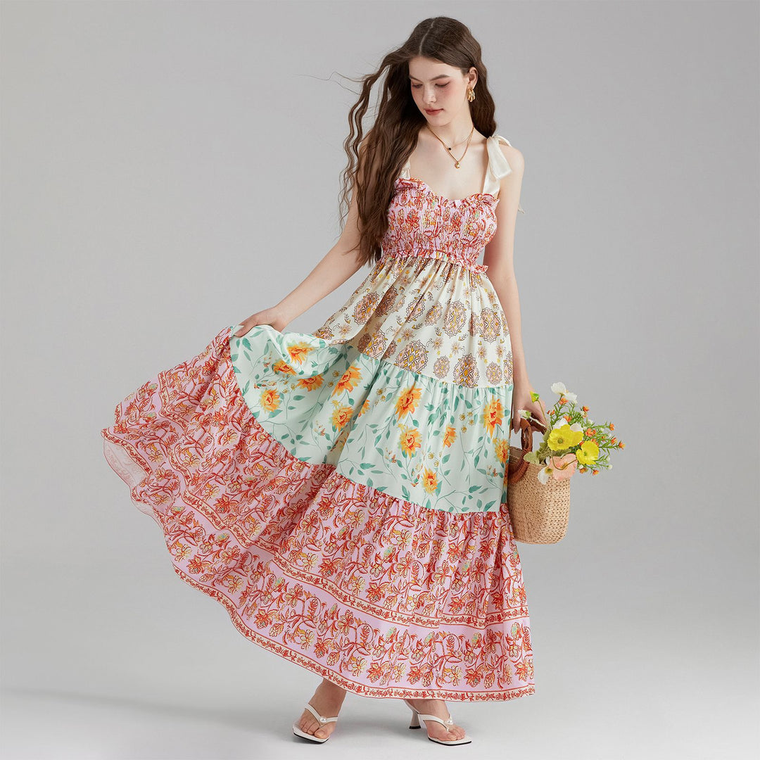 Damen Maxikleid mit floralen Falten und großzügigem A-Linien-Schnitt EB