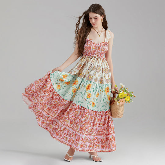 Damen Maxikleid mit floralen Falten und großzügigem A-Linien-Schnitt EB