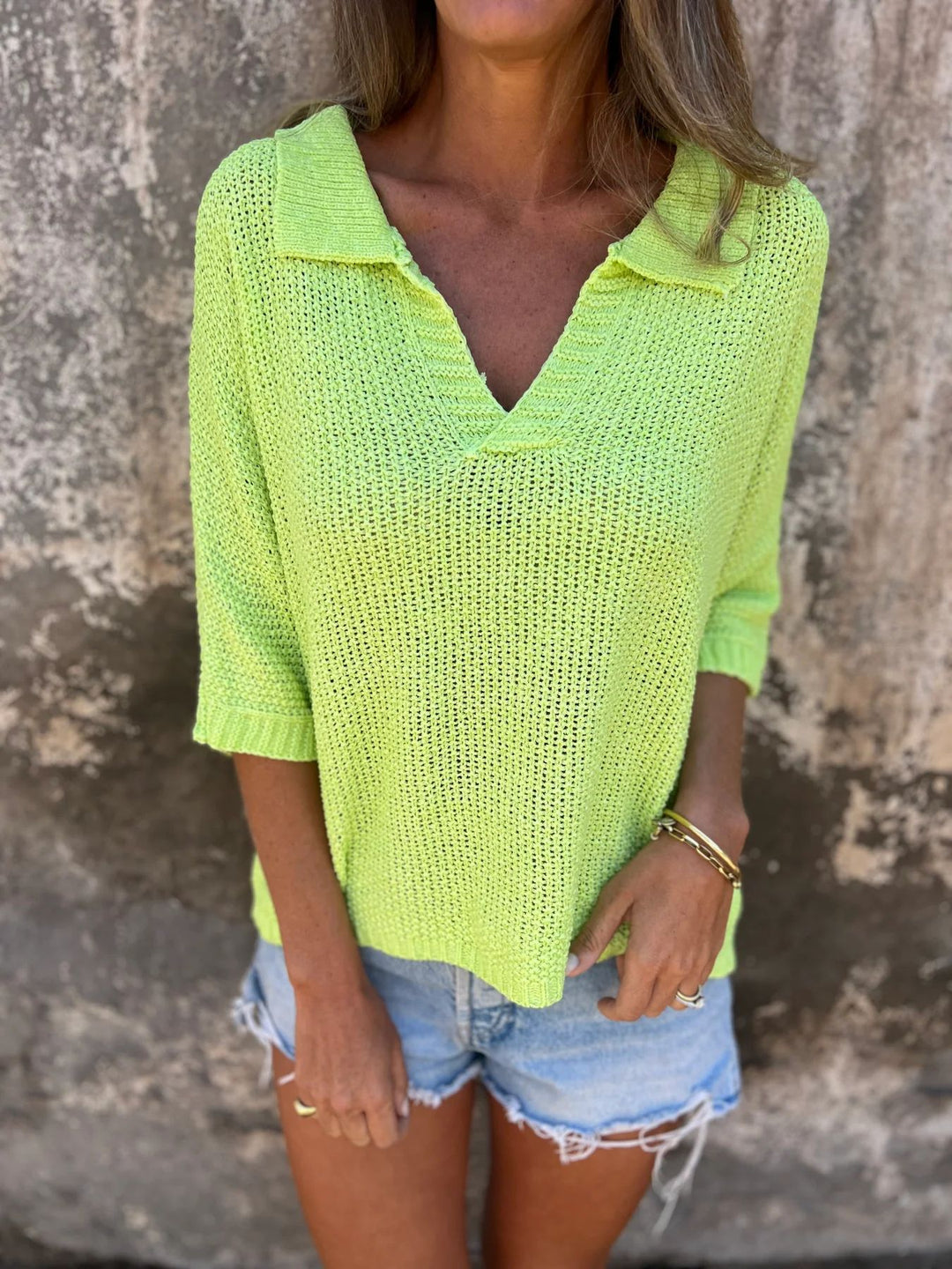 Damen luftiger Strickpullover mit Polokragen und V-Ausschnitt EB