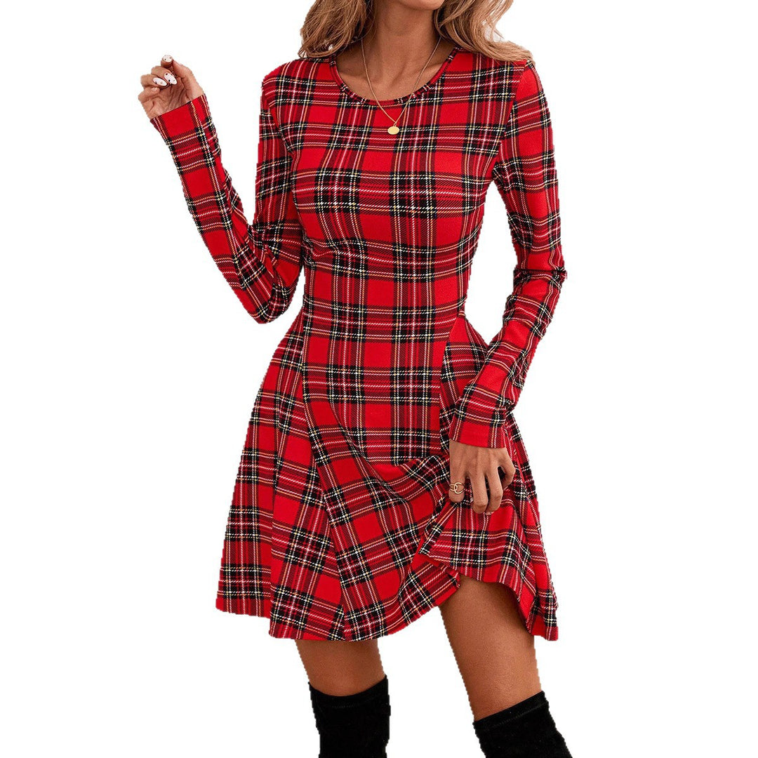 Damen Sweatkleid mit Karomuster und schwingendem Rock EB