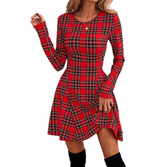 Damen Sweatkleid mit Karomuster und schwingendem Rock EB