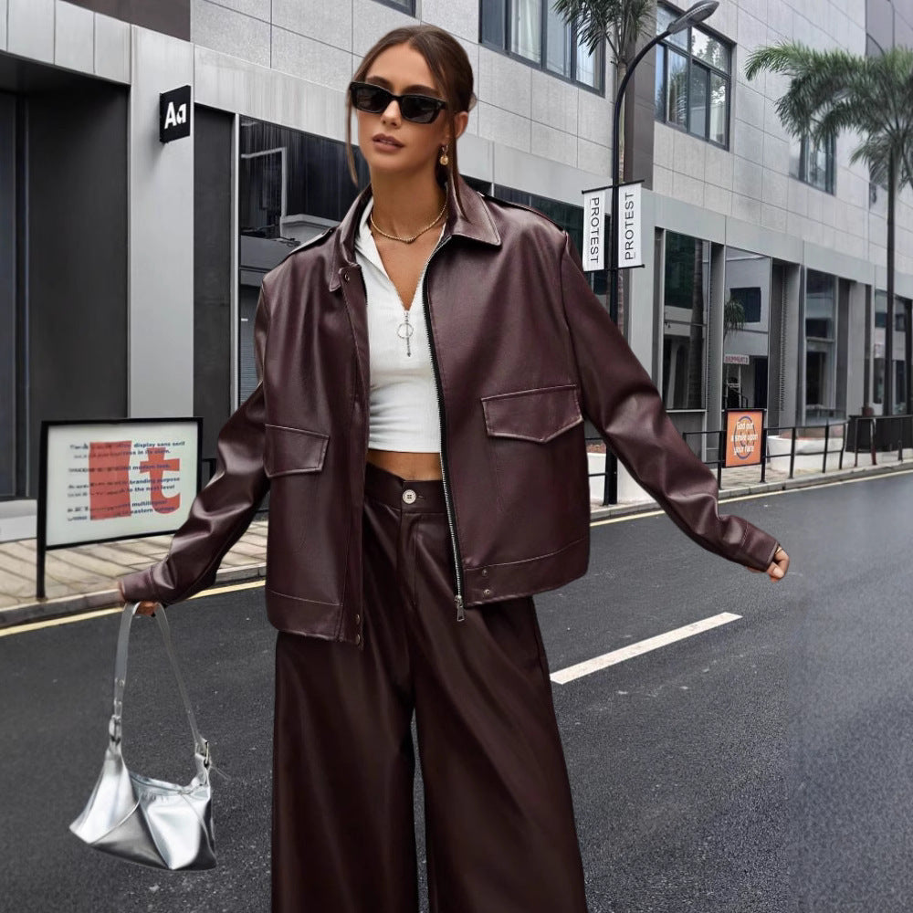 Damen modische Kunstlederjacke im Oversized-Stil EB