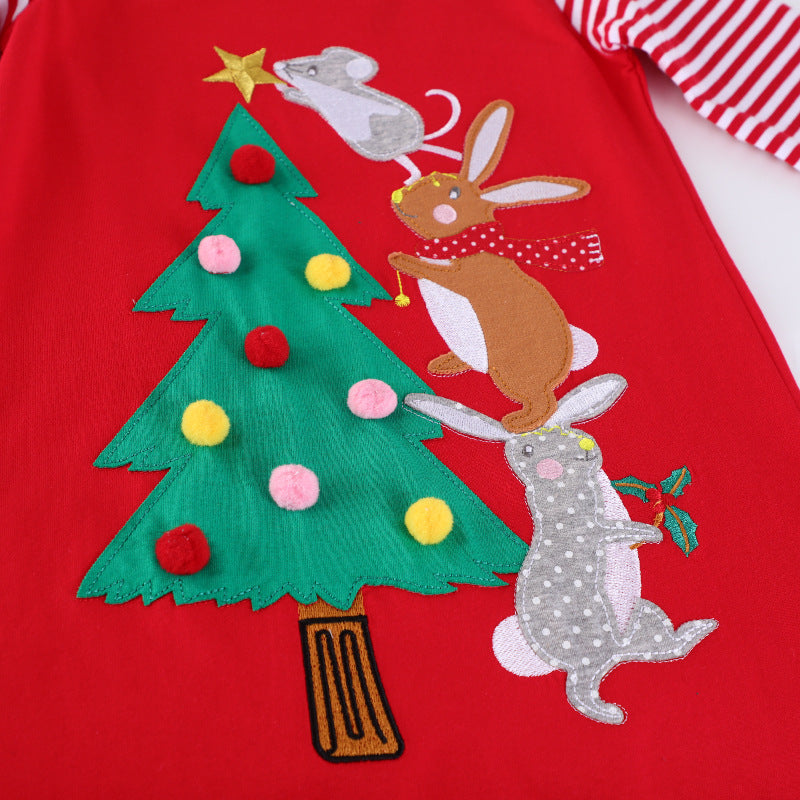 Mädchen Baumwollkleid mit festlichem Tier- und Weihnachtsbaum-Design EB