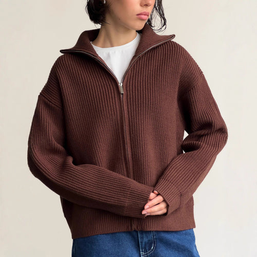 Damen Pullover mit hochschließendem Reißverschluss und strukturiertem Maschenmuster EB