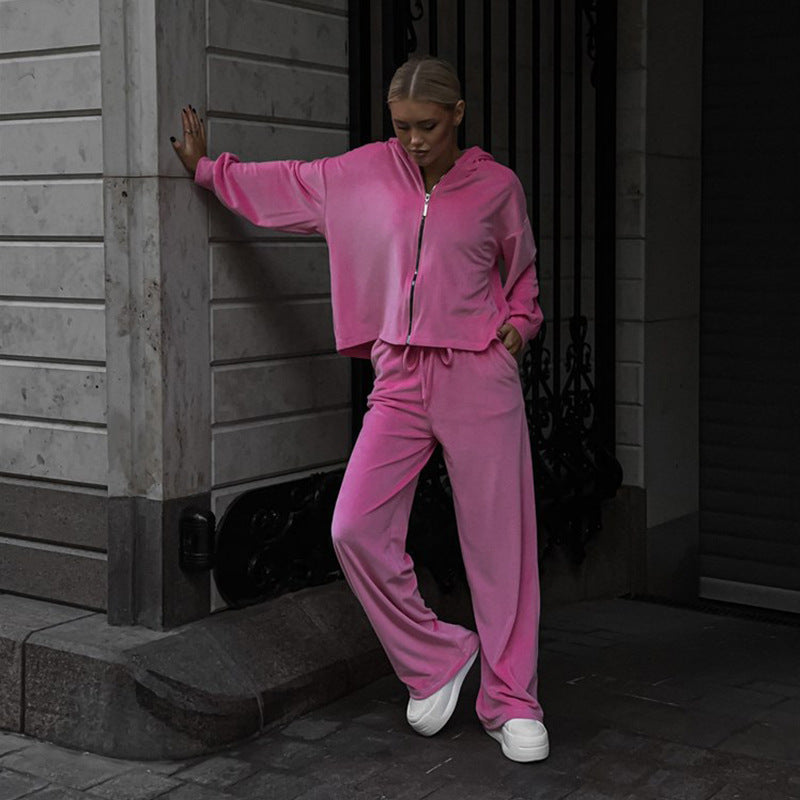 Damen nan luxuriöses Velours-Zweiteiler Set mit kurzem Reißverschluss-Hoodie und weiten Highwaist-Loungehosen EB