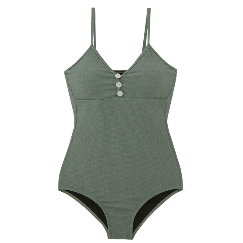Damen Einteiler Badeanzug mit Knopfdetailed und dezentem Rippendesign EB