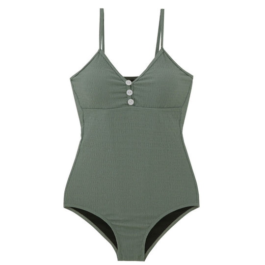 Damen Einteiler Badeanzug mit Knopfdetailed und dezentem Rippendesign EB