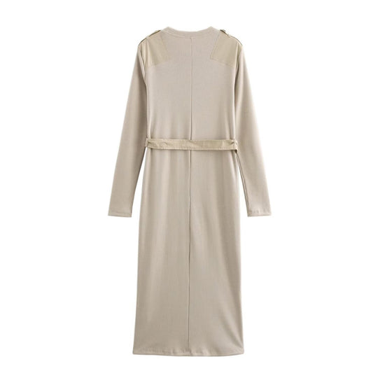 Damen Langarm-Kleid mit dekorativem Gürtel und Schulterdetails EB