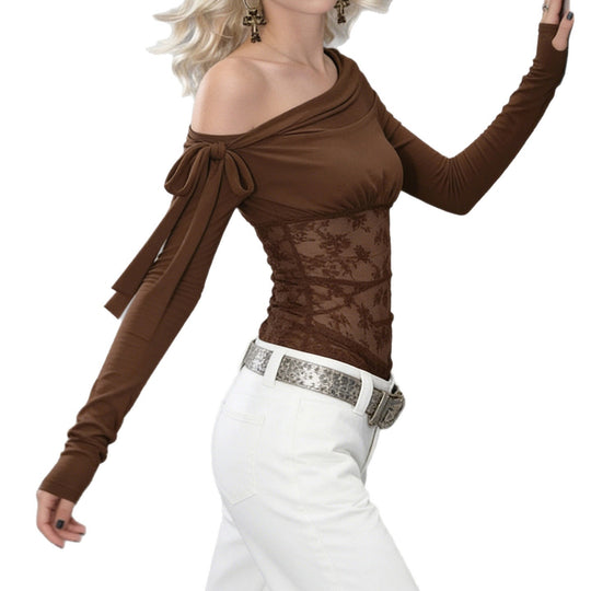 Damen transparente Spitzenbluse mit asymmetrischem Schnitt EB